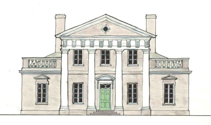 a drawing of a large white building with green door and window sill on the front