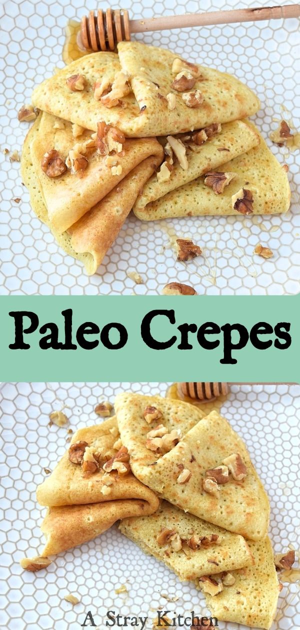 some pancakes with nuts and honey on top are stacked up next to the words paleo crepes