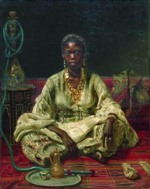 a painting of a woman sitting on the ground with her hands in her pockets and wearing jewelry