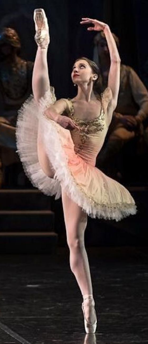 the ballerina is wearing a pink tutu and gold dress with her arms in the air