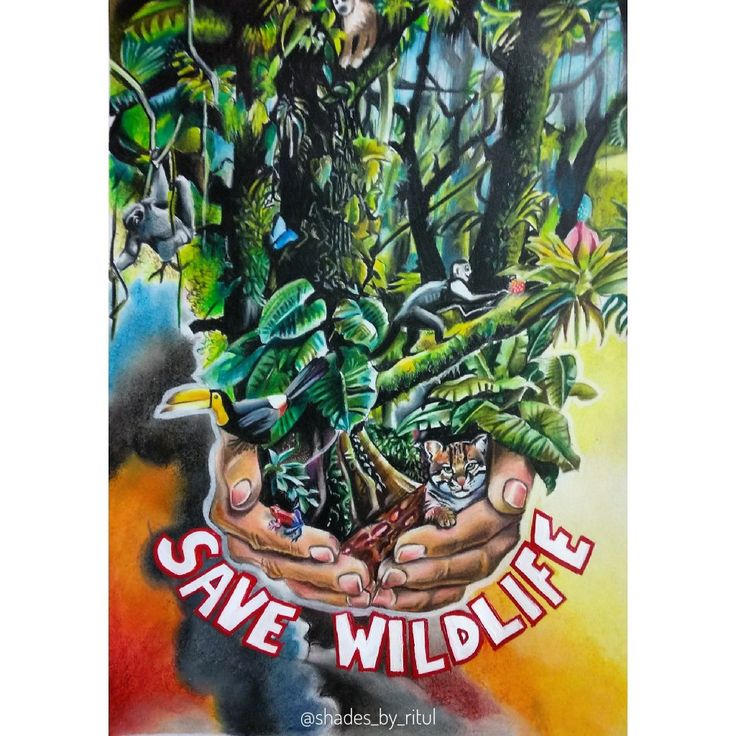 a painting with the words save wildlife written in red on it and two hands holding plants