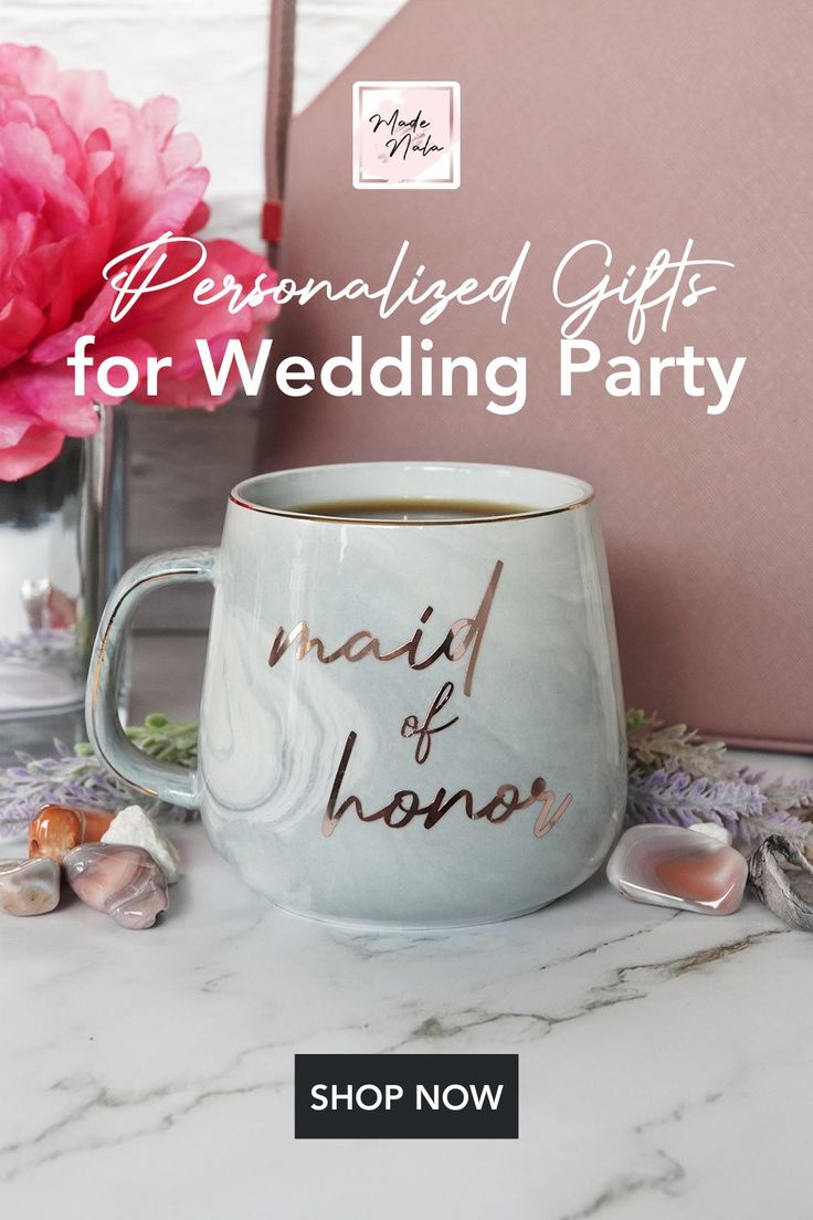 personalized gifts for wedding party mugs on marble table with pink flowers and seashells