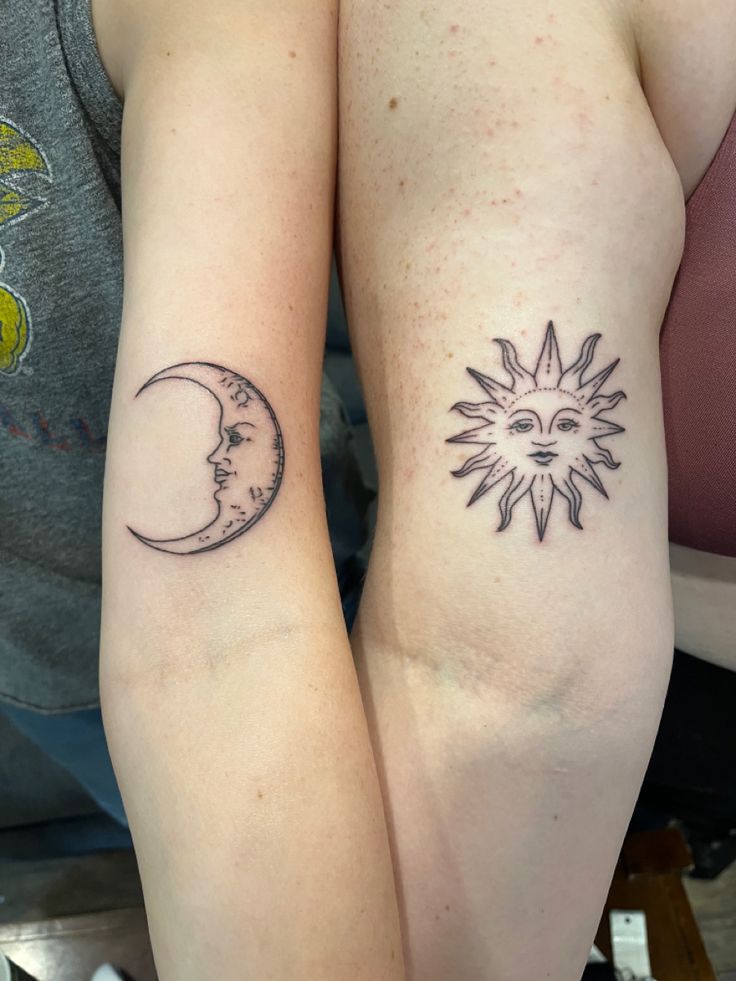 tattoos dainty sun and moon matching Sun And Moon Tattoo Both Arms, Sun And Moon Tattoo Faces, Moon And Sun Face Tattoo, Sun And Moon Loteria Tattoo, Linework Sun And Moon Tattoo, Line Work Matching Tattoos, Tattoos That Line Up Together, Moon Tattoo Sleeve Ideas, Sun And Moon Tattoos Seperate