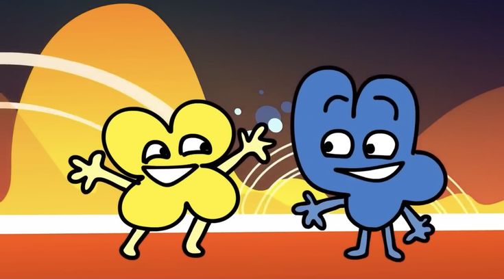 two blue and yellow cartoon characters standing next to each other in front of an orange background