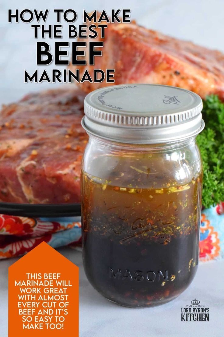 a jar filled with marinade next to meat on top of a plate and text overlay how to make the best beef marinade