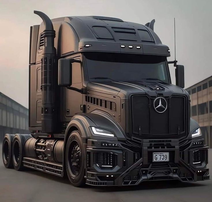 a black mercedes semi truck driving down the road