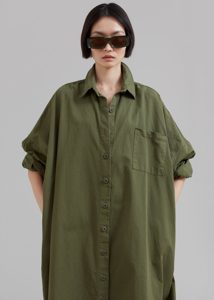 Kason Oversized Shirt Dress - Dark Olive �– The Frankie Shop Paris Store, Oversized Shirt Dress, Denim Suit, The Frankie Shop, Frankie Shop, Paris Woman, Leather Texture, Maternity Wear, Swimwear Accessories