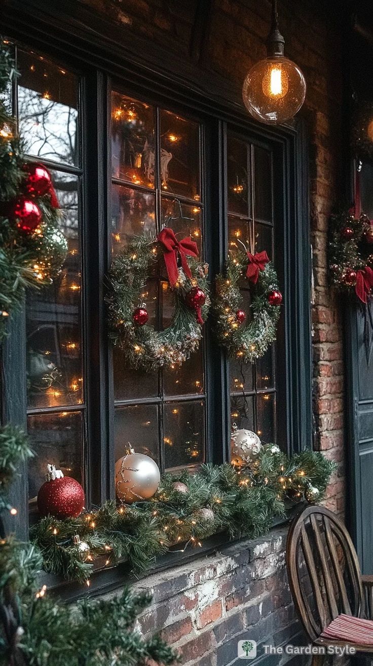 christmas wreaths and ornaments are hanging on the window sill in front of an old brick building