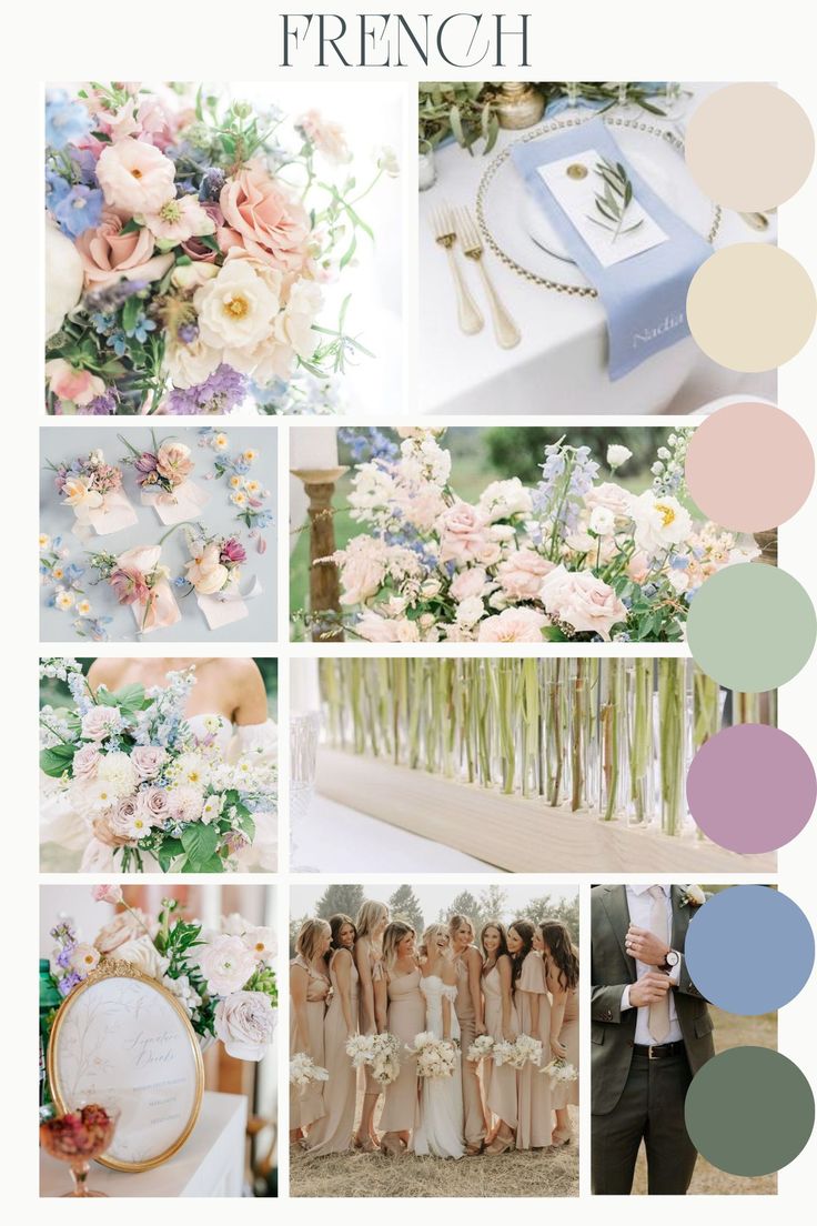 the color scheme for this wedding is peach, blue, and green with white flowers