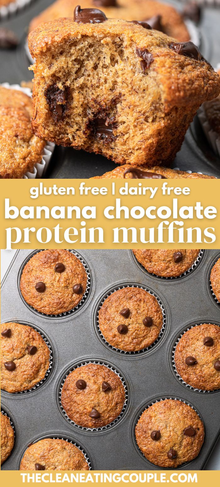 gluten free banana chocolate protein muffins in a muffin tin with text overlay