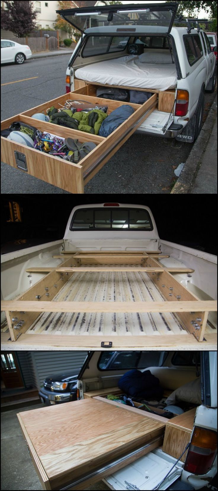 the back end of a pickup truck with its bed open and some drawers in it