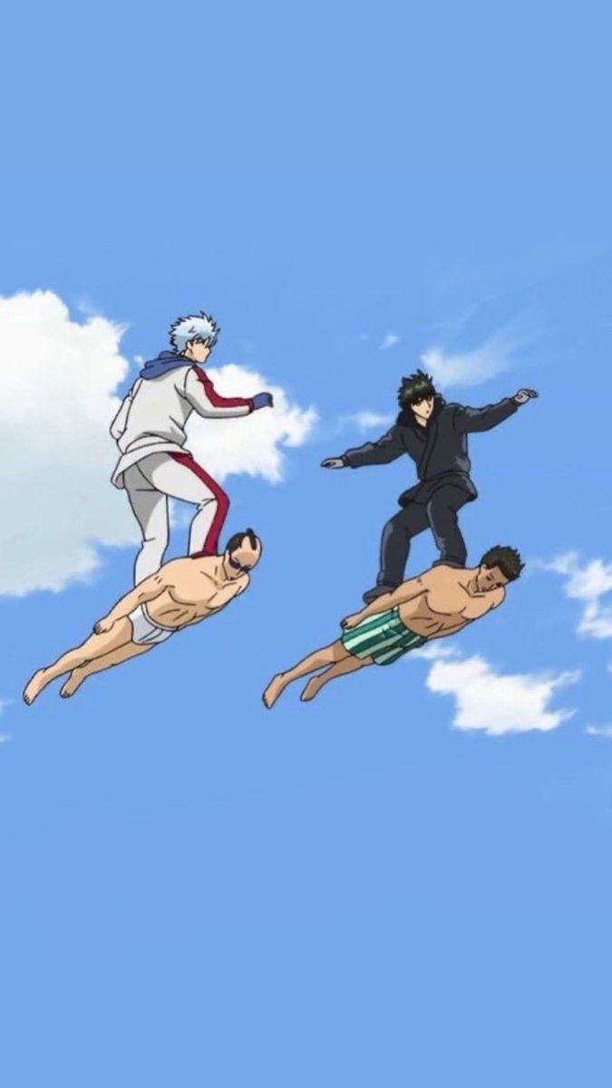 three people are flying in the air with their arms out and one person is jumping