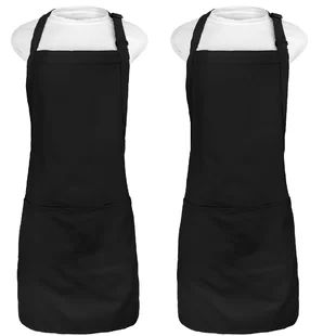 two black aprons are shown on a white mannequin