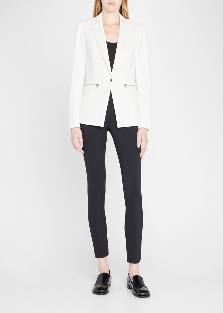 Modern Stretch Outerwear For Work, Classic Blazer With Zipper Closure For Work, Tailored Long Sleeve Blazer With Zipper Closure, Modern Fitted Outerwear For Commuting, Chic Fitted Blazer With Zipper Closure, Fitted Long Sleeve Blazer With Zipper Closure, Fitted Outerwear With Zipper Closure For Work, Fitted Zipper Closure Outerwear For Work, Scuba Jacket