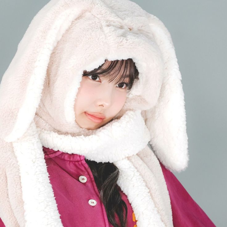 a young woman wearing a bunny costume with her head covered by a white rabbit's tail