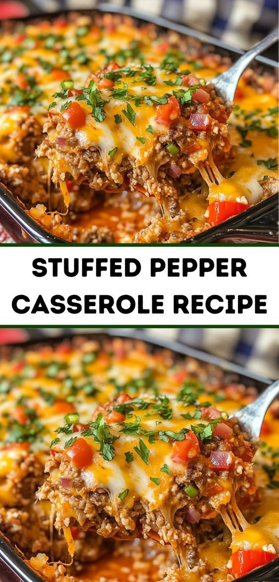 two pictures of stuffed pepper casserole with cheese