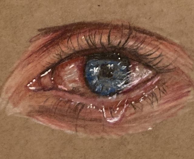 a drawing of an eye with blue iris