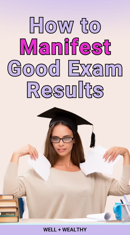 a woman in graduation cap and gown holding papers with the words how to manfiest good exam results