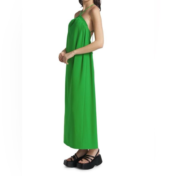 Tanya Taylor Esme Dress In Kelly Green Nwt Halter Neck Sleeveless Tie-Back 68% Polyester/30% Viscose/2% Elastane About 51" From Shoulder To Hem Spring Green Halter Neck Slip Dress, Spring Cocktail Maxi Dress With Spaghetti Straps, Chic Green Halter Neck Slip Dress, Chic Green Strapless Sundress, Spring Cocktail Halter Neck Slip Dress, Spring Daywear Halter Neck Dress, Green Midi Sleeveless Dress, Green Sleeveless Midi Dress For Evening, Halter Neck Dress For Spring Daywear