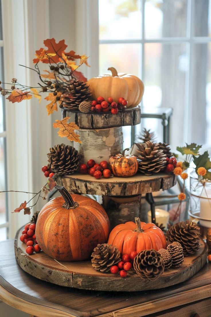 three tiered tray filled with pine cones, pumpkins and gourds on a table