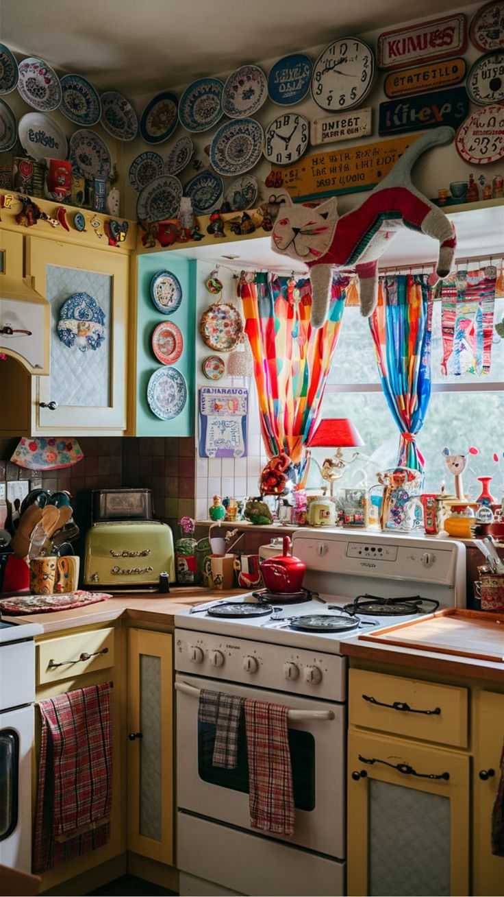 a kitchen filled with lots of colorful plates hanging from the ceiling and decor on the walls