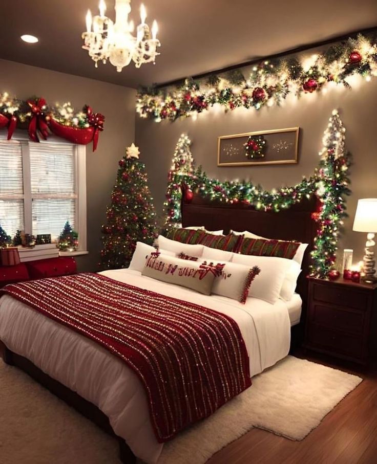 a bedroom decorated for christmas with red and white bedding, lights and decorations on the wall