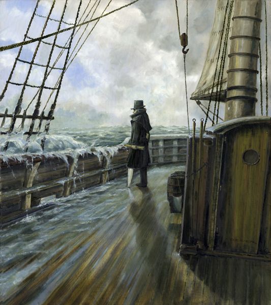 a painting of a man standing on the deck of a ship