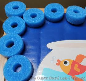 there are blue sponges in the shape of a fish and a goldfish bowl