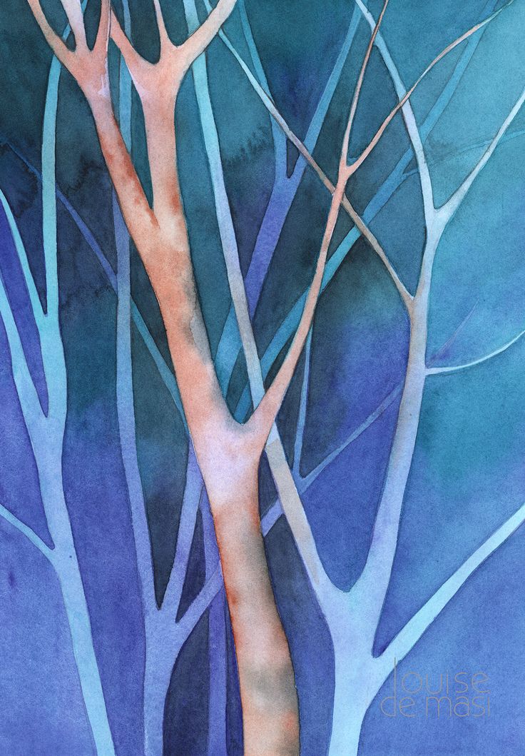 a watercolor painting of trees with no leaves on them, against a blue background