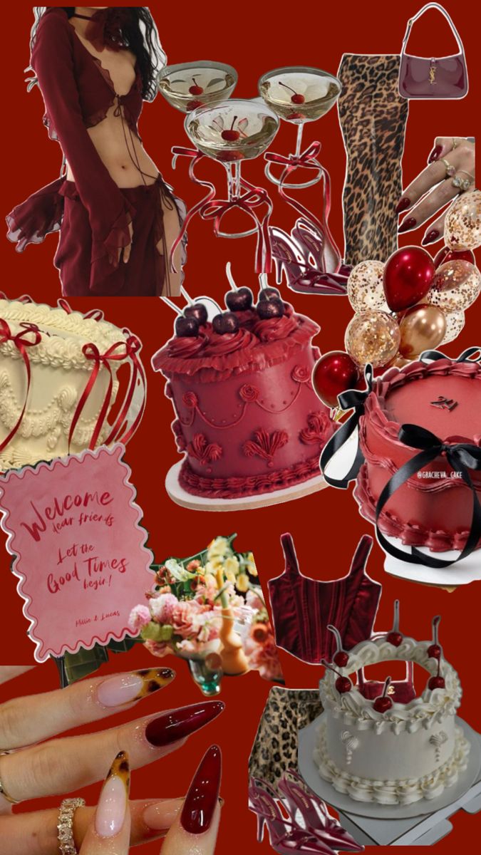 a collage of cakes and decorations on a red background