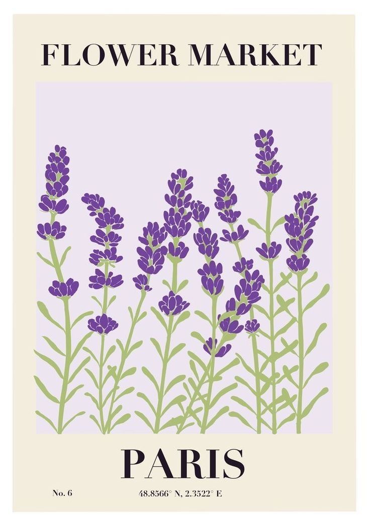 a poster with purple flowers in the middle and green leaves on it's sides