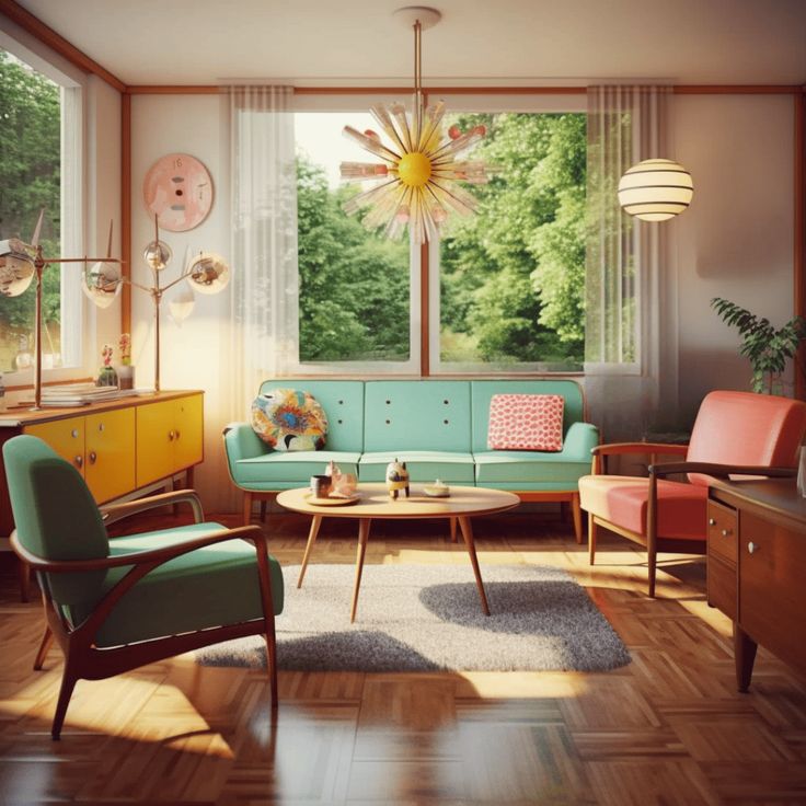 a living room filled with furniture next to a window covered in curtains and sun shining through the windows