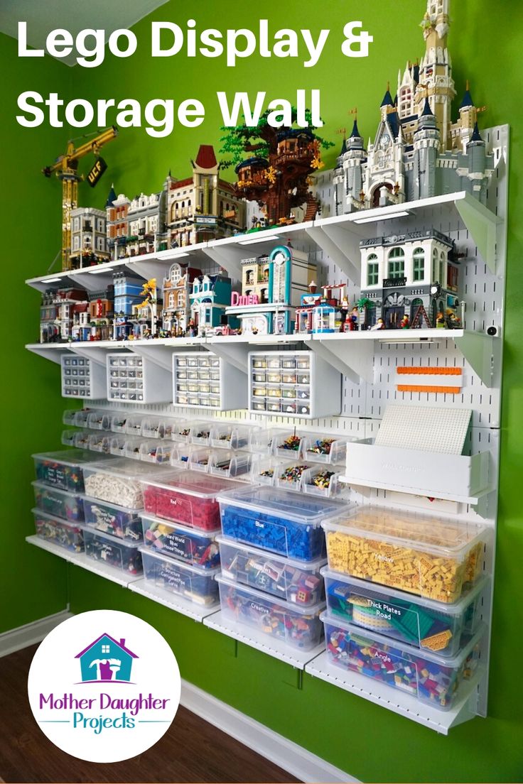 the lego display and storage wall is organized with plastic bins, shelves, and toys