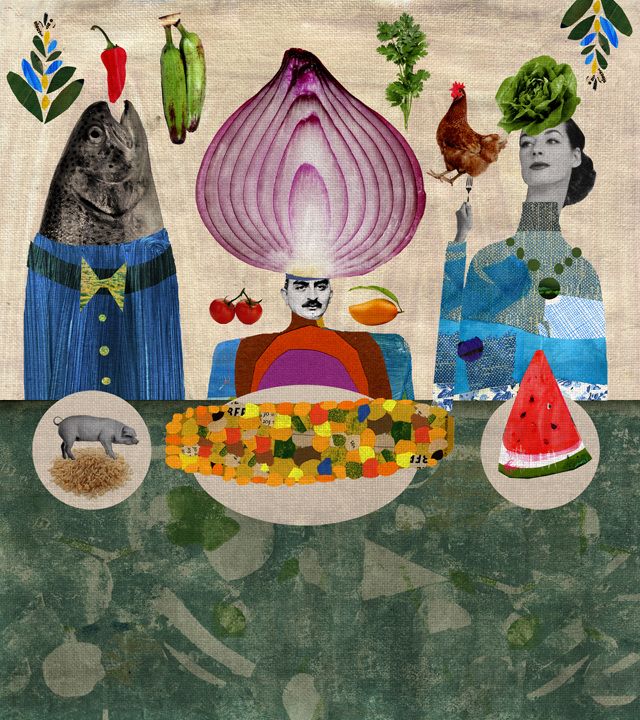 an art work with people and vegetables on it