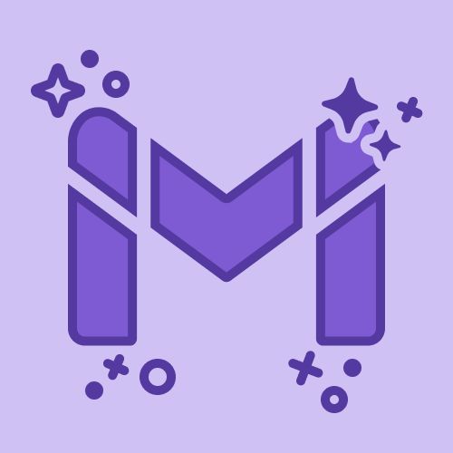 the letter m is made up of purple shapes and stars on a light purple background