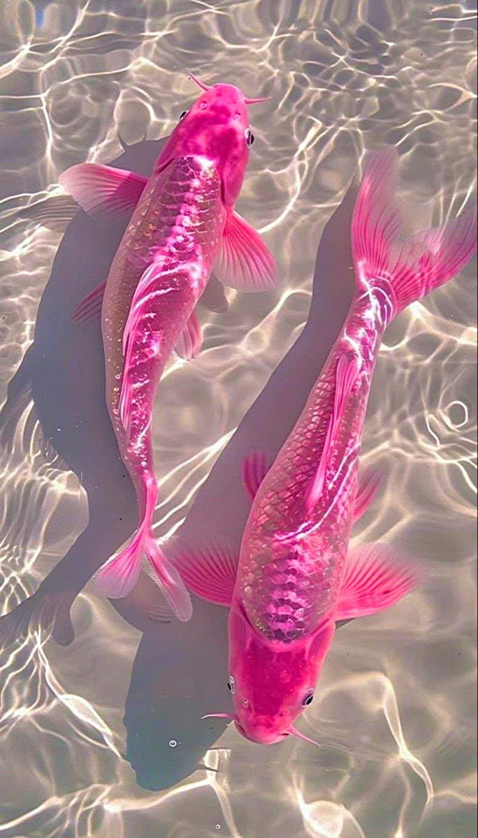 two pink fish swimming in clear water with ripples on the bottom and one above