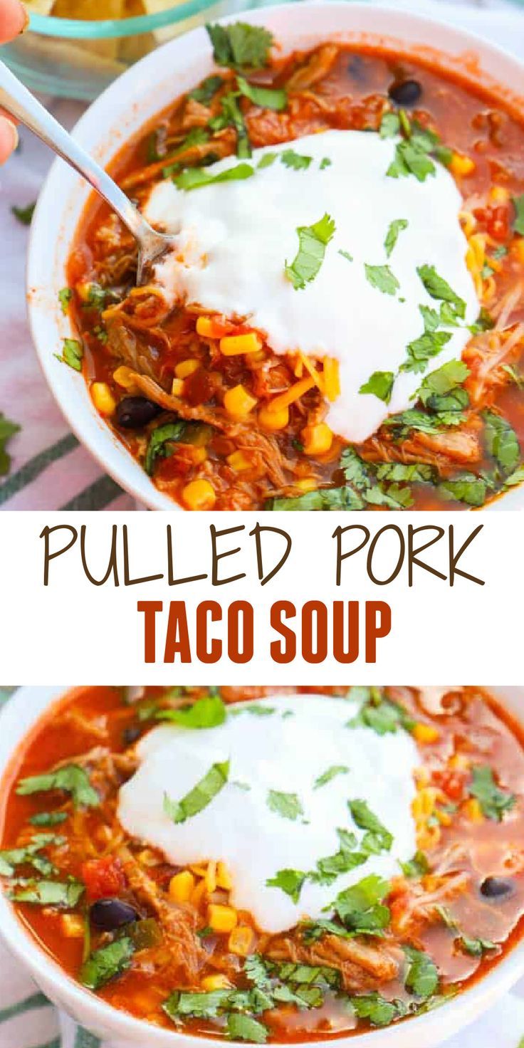 pulled pork taco soup in a white bowl with sour cream and cilantro