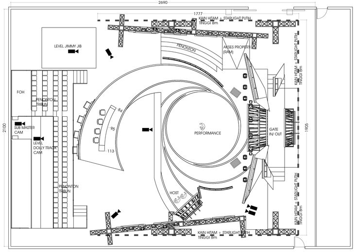 an architectural drawing shows the interior and exterior of a theatre, with seating areas on each side