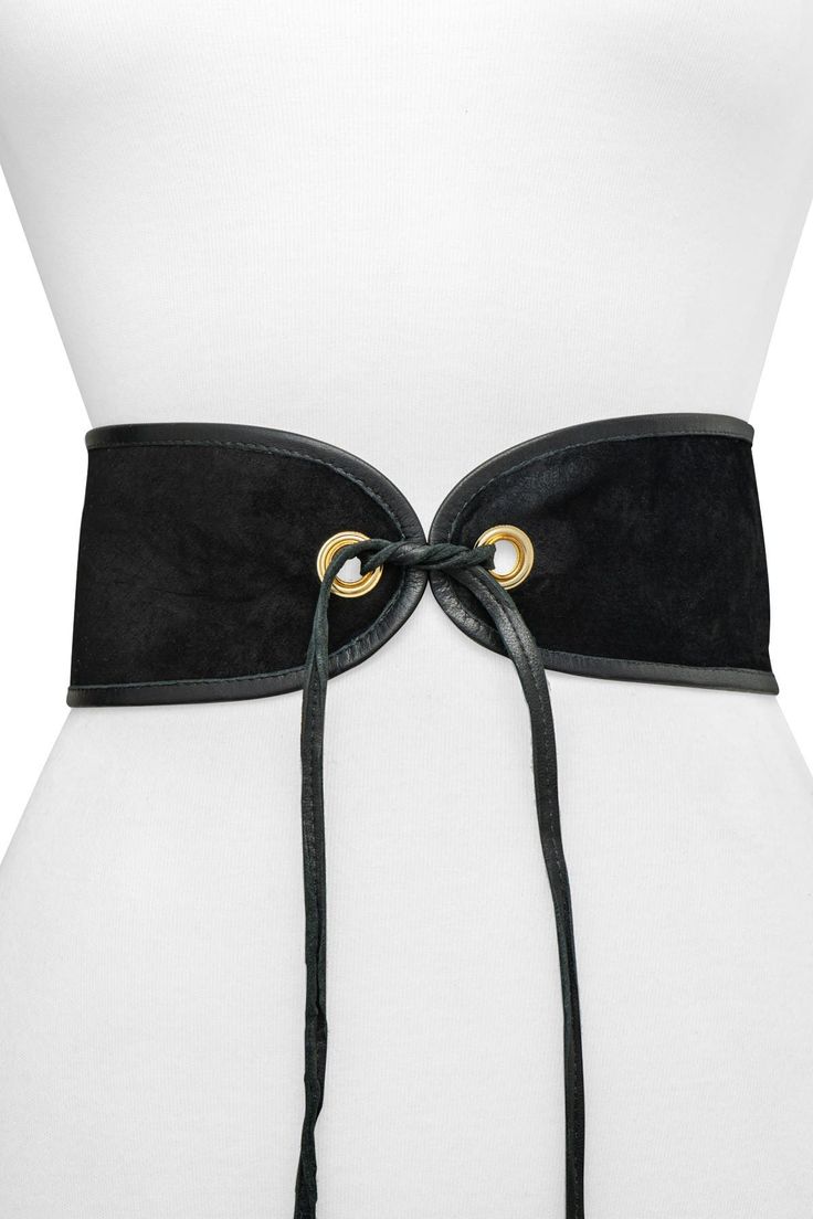 A tied front design makes this leather and suede corset belt a flirty new addition to your wardrobe. 3.25" width Front tie closure Leather Imported Chic Black Corset Belt For Formal Occasions, Elegant Faux Leather Corset Belt, Chic Leather Corset Belt For Party, Black Leather Corset Belt With Belt Loops, Chic Fitted Leather Corset Belt, Black Leather Corset Belt For Evening, Chic Leather Corset Belt For Fall, Evening Black Leather Corset Belt, Elegant Leather Corset Belt For Fall