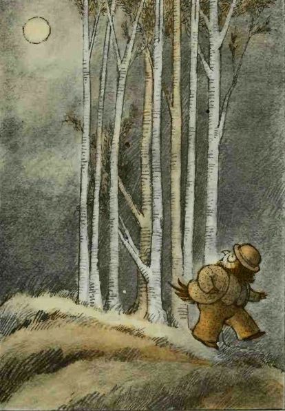 an illustration of a man walking through the woods