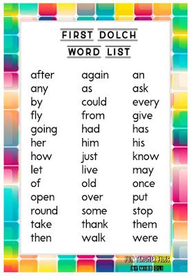 the first dolch word list is shown in rainbows and blue, with words above it