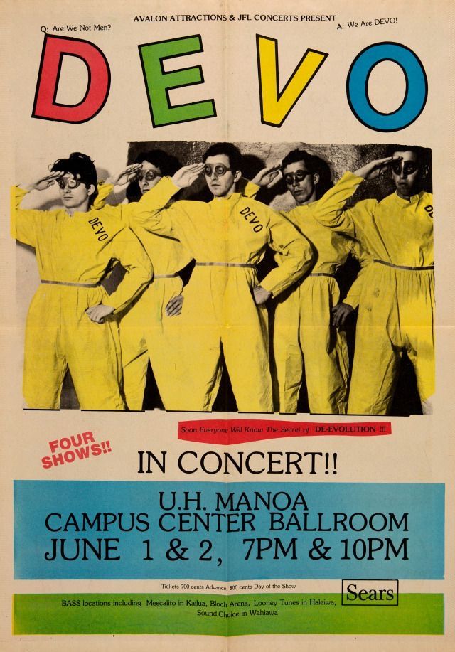 an old poster advertising a dance show with men in yellow jumpsuits and the words devo