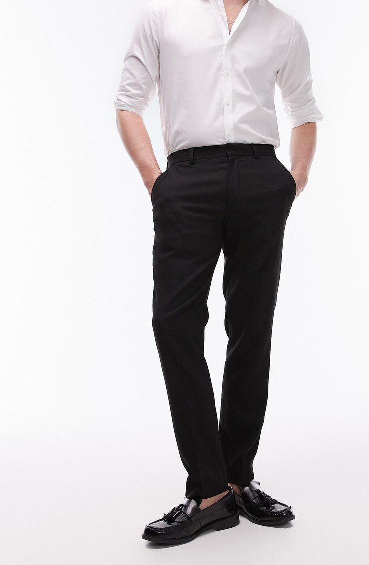 Topman Skinny Fit Textured Dress Pants | Nordstrom Slim Fit Straight Leg Business Casual Pants, Slim Fit Straight Leg Pants For Business Casual, Slim Fit Full Length Business Casual Pants, Slim Fit Full Length Pants For Business Casual, Stretch Straight Dress Pants With Welt Pockets, Fitted Trousers For Business Casual, Semi-formal Slim Fit Straight Leg Bottoms, Slim Fit Dress Pants With Welt Pockets, Slim Fit Straight Pants For Business