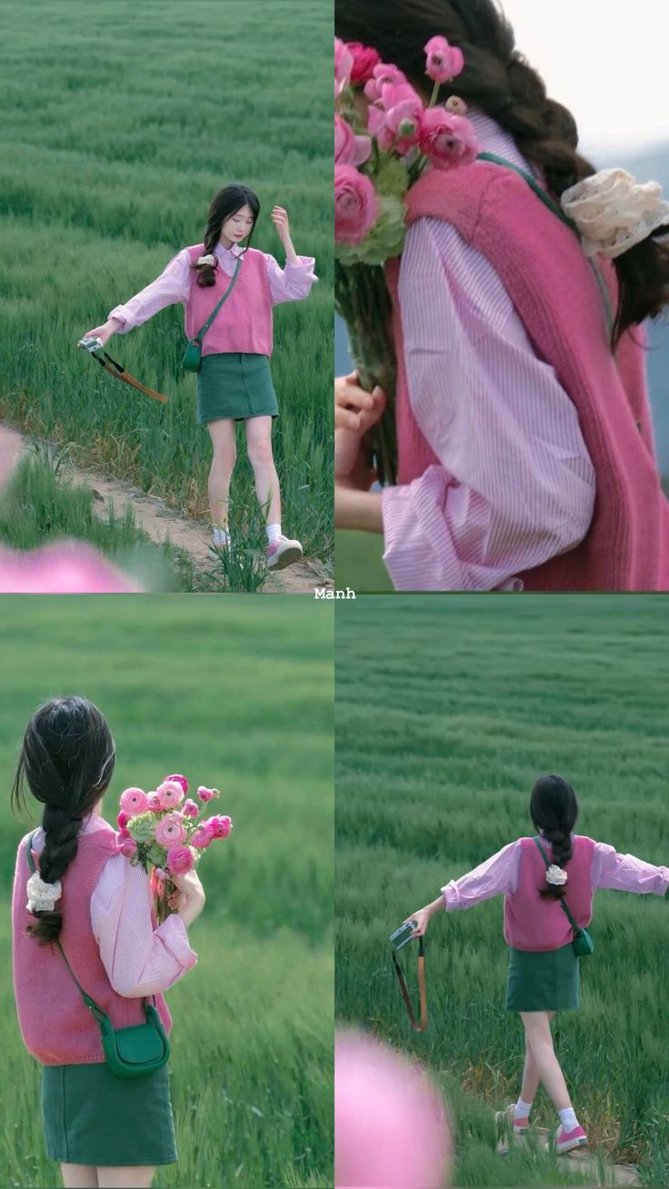 a woman in a pink shirt and green skirt with flowers on her shoulder is walking through a field