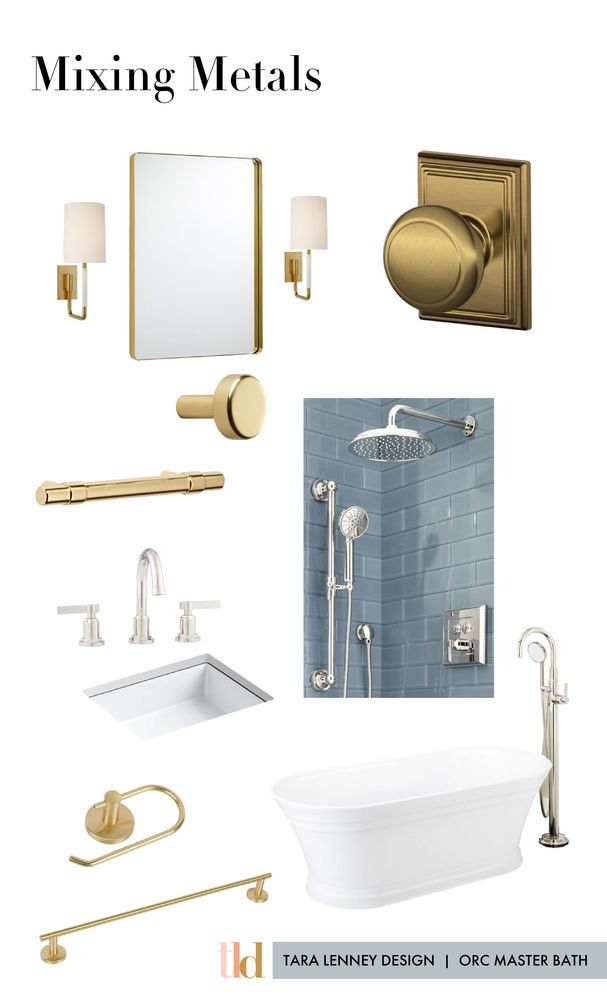 a bathroom design board with gold fixtures and blue tiled walls, including a tub, sink,