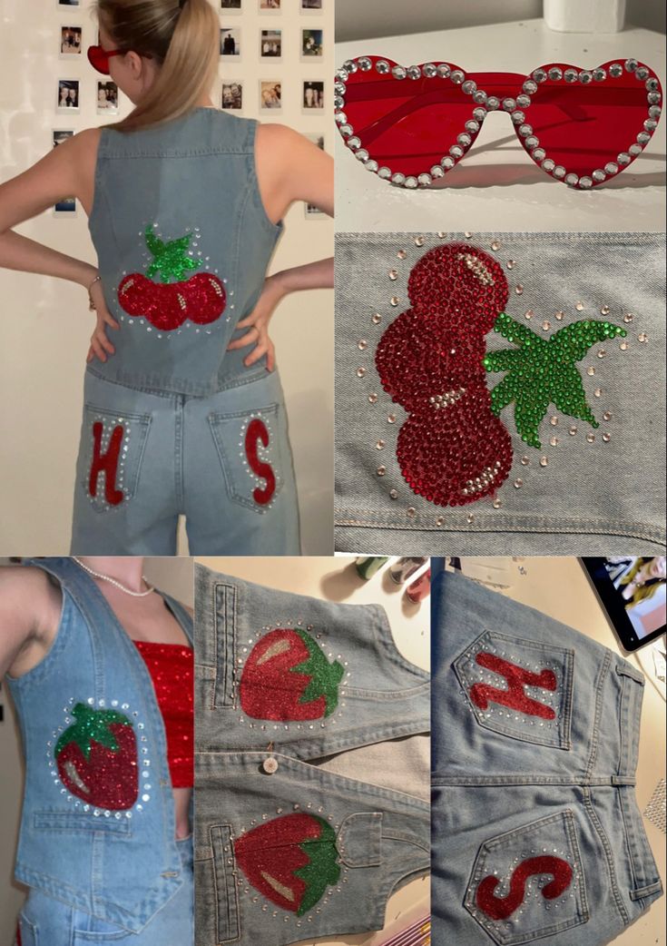 the back of a woman's jean shorts with sequins and fruit on them