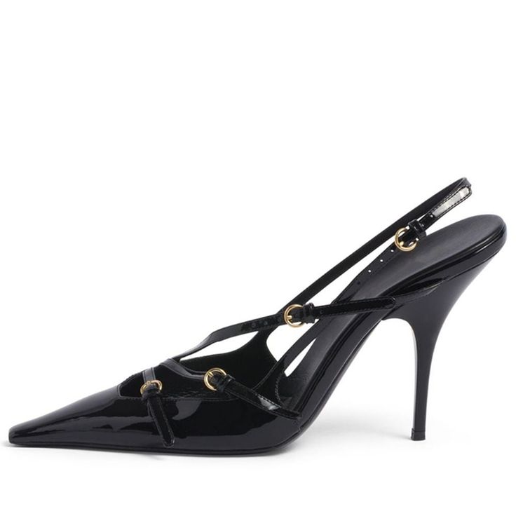 Elevate your style with these stunning black patent leather slingback pumps. Featuring a pointed toe and stiletto heel, they add a touch of sophistication to any outfit. Color: black Heel Type: stiletto heel Heel height: 3.14 inches/ 8 cm Toe：pointed Toe Handcrafted US sizing. Fits true to size. Miu Miu Luxury Pointed Toe Slingback Pumps, Luxury Patent Leather Slingback Sandals With Sculpted Heel, Luxury Miu Miu Pointed Toe Slingback Pumps, Luxury Slingback Pumps With Sculpted Heel And Closed Toe, Luxury Slingback Pumps With Sculpted Heel For Women, Luxury Pointed Toe Sandals With 4-inch Heel, Luxury Pointed Toe Pumps With 4-inch Heel, Luxury Sleek Slingback Sandals With 4-inch Heel, Luxury Sleek Slingback Pumps With Sculpted Heel