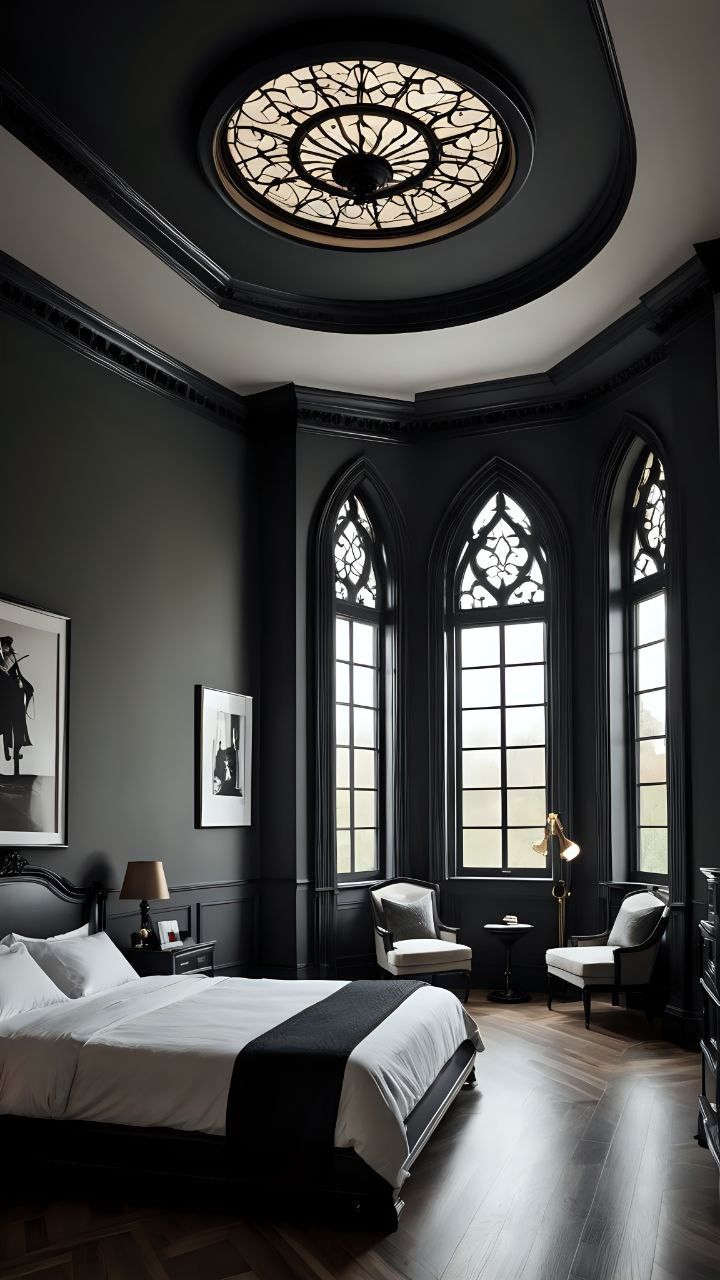 a large bedroom with black walls and wooden flooring, along with two arched windows