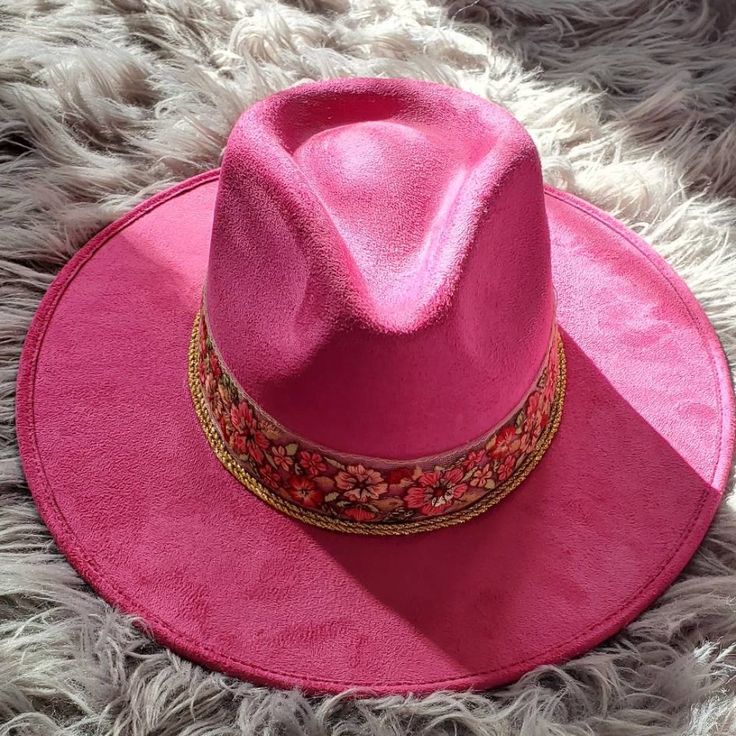 This Gorgeous Hat Is Part Of My Newest Collection Of My Brand. This Is A Beautiful Handmade Hat By Artisans In Mexico. It's Made Out Of Vegan Suede = Animal Cruelty Free! This Hat Features A Beautiful Ribbon Hand Embroidered With Silk Threads, Gold Metallic Cording Around The Hat, And Finished With A Handmade Bow On The Back. It's Hand Decorated By Yours Truly :) Pink Bohemian Sun Hat For Kentucky Derby, Bohemian Pink Sun Hat For Kentucky Derby, Bohemian Pink Hat Band For Kentucky Derby, Bohemian Pink Felt Hat With Short Brim, Pink Bohemian Fedora Hat, Pink Bohemian Fedora For Spring, Pink Bohemian Hat For Festival, Pink Bohemian Sun Hat With Flat Brim, Bohemian Pink Hat For Festival