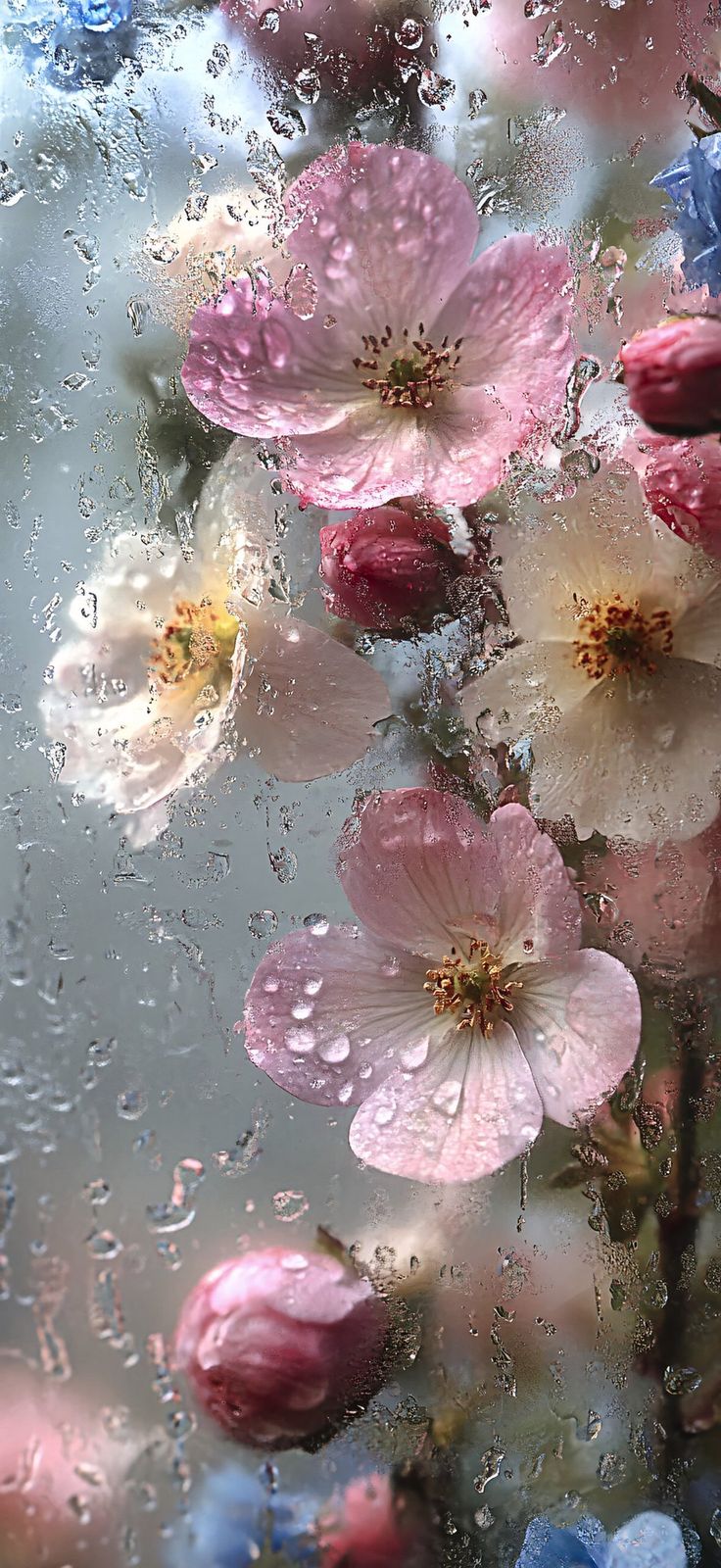 pink and blue flowers are seen through the raindrops on a glass window pane